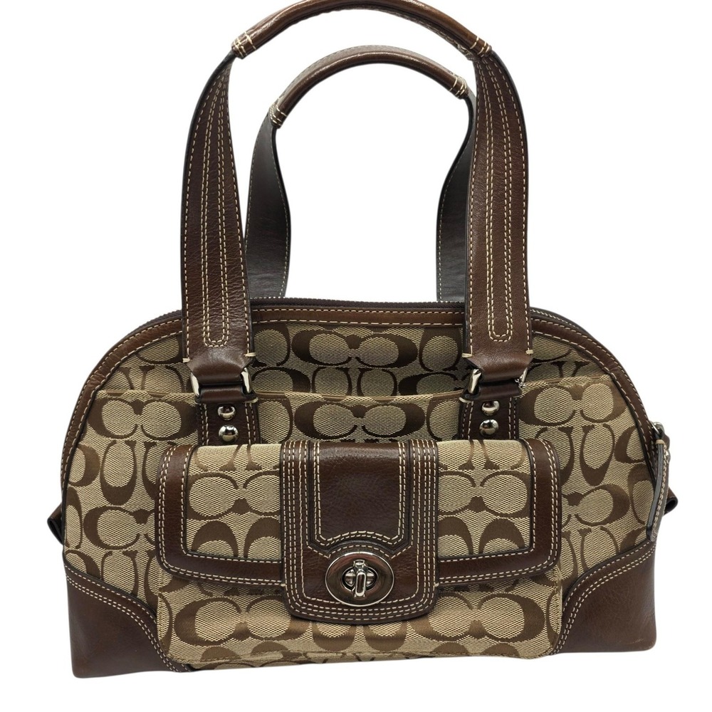 Coach Signature Hampton Satchel Bag Medium Brown Canvas Leather Turn Lock F13977